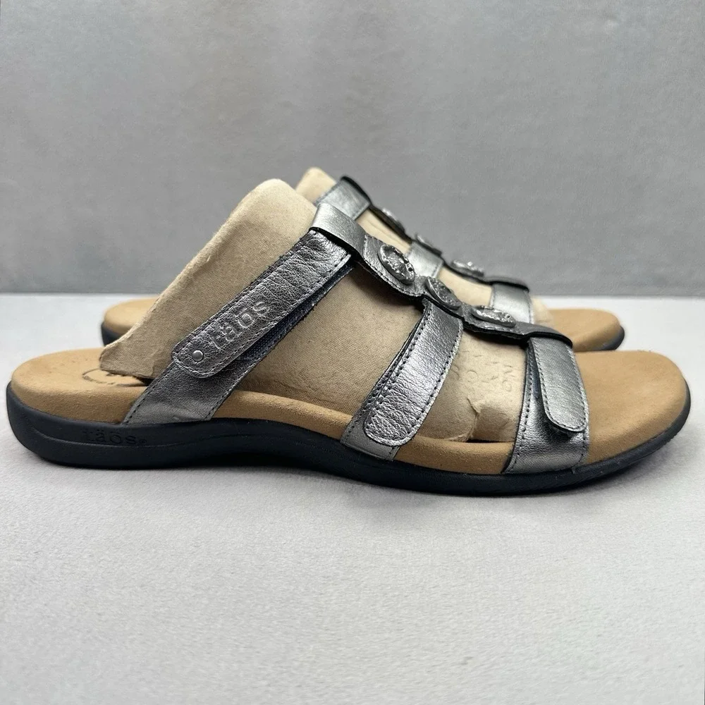 Taos Prize 4 Womens Size 11 Sandals Pewter Leather Strappy Adjustable Slides